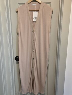 Zara Beige Ribbed Button Down Midi Dress sz XL